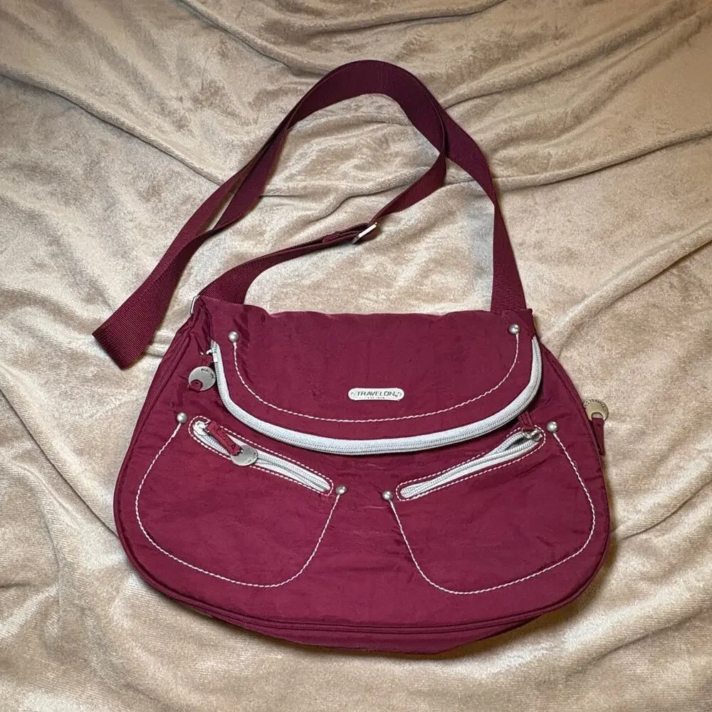 Travelon Anti Theft Classic Crossbody Bag Purse Burgundy Nylon Safety